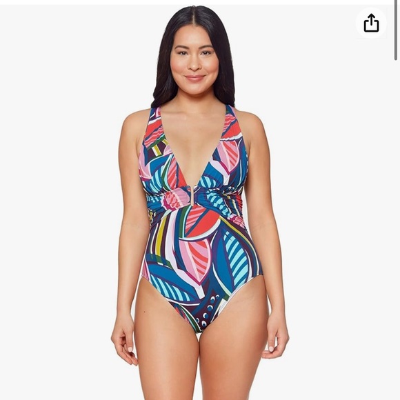 NWOT Women's Molded-Cup One-Piece Printed Plunge V-Neck Swimsuit size 14 - Picture 1 of 12